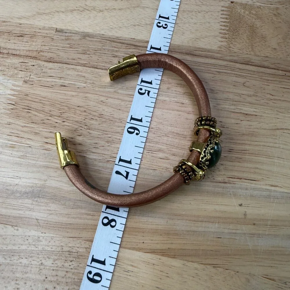 Laura Janelle Brown Leather Bracelet W/ Green Gemstone & Rhinestone Accents Gold - Picture 7 of 11